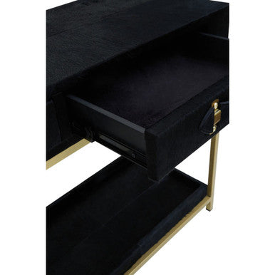 Black Hair-On-Leather 2-Drawer Console Table with Gold-Finished Metal Frame | Kensington Townhouse