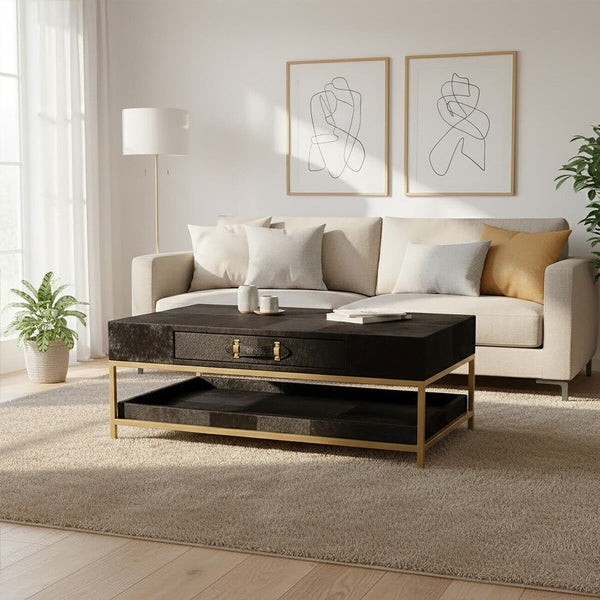 Kensington Townhouse Black Hair on Leather 2 Drawer Coffee Table