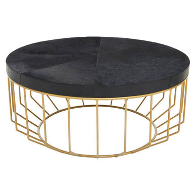 Black Hair-On-Hide Leather Round Top Coffee Table with Geometric Gold Metal Frame | Kensington Townhouse