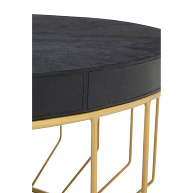 Black Hair-On-Hide Leather Round Top Coffee Table with Geometric Gold Metal Frame | Kensington Townhouse