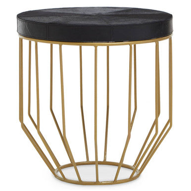 Black Hair-On-Hide Leather Round Top Side Table with Geometric Gold Metal Frame | Kensington Townhouse