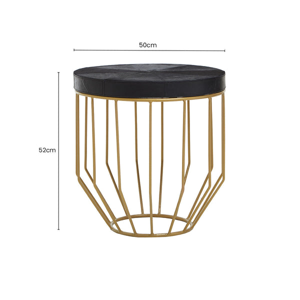 Black Hair-On-Hide Leather Round Top Side Table with Geometric Gold Metal Frame | Kensington Townhouse
