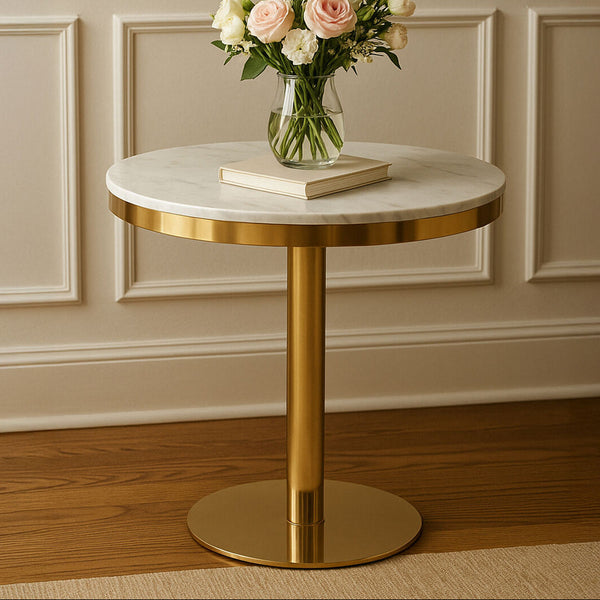Azalea White Marble Round Dining Table with Gold Finish Base