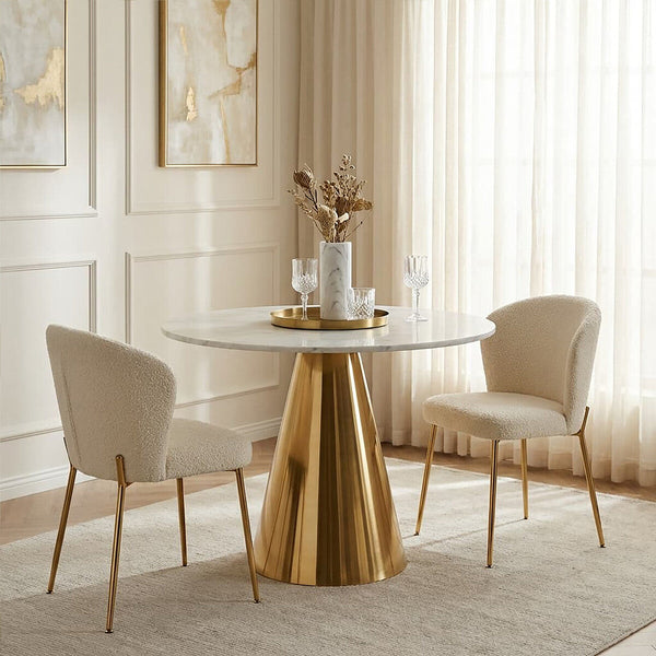Azalea White Marble Round Dining Table with Gold Finish Conical Base