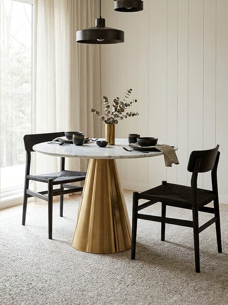 Azalea White Marble Round Dining Table with Gold Finish Conical Base