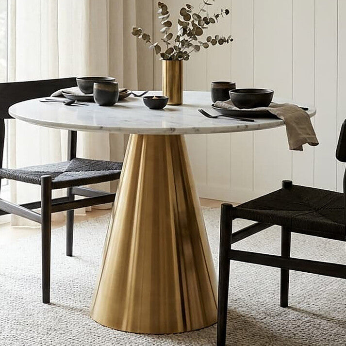 Azalea White Marble Round Dining Table with Gold Finish Conical Base