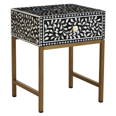 Fusion Black and White Bone Inlay 1 Drawer Side Table