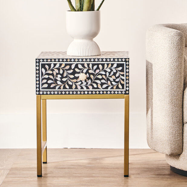 Fusion Black and White Bone Inlay 1 Drawer Side Table