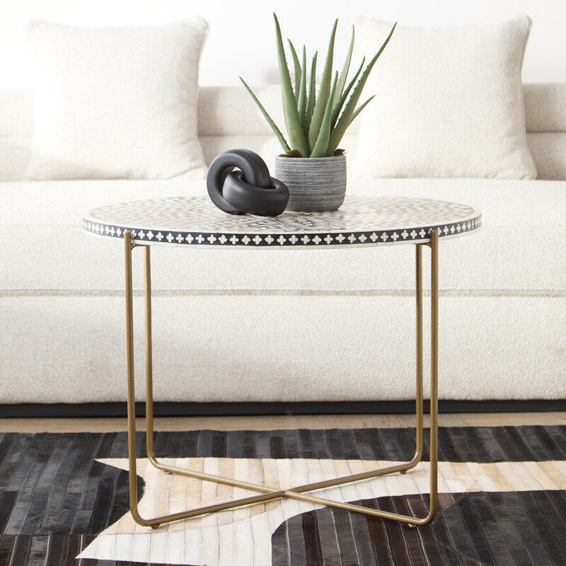 Black Round Coffee Table with White Bone Inlay Top and Gold Metal Cross Base | Fusion