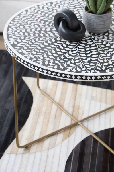 Black Round Coffee Table with White Bone Inlay Top and Gold Metal Cross Base | Fusion
