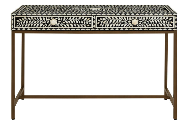 Black and White Floral Bone Inlay Console Table with 2 Storage Drawers and Gold Metal Base | Fusion