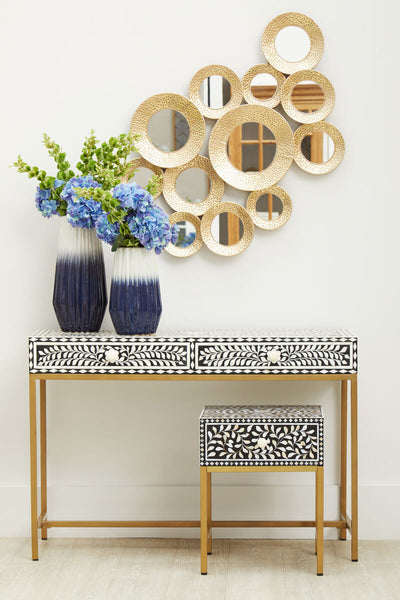 Black and White Floral Bone Inlay Console Table with 2 Storage Drawers and Gold Metal Base | Fusion