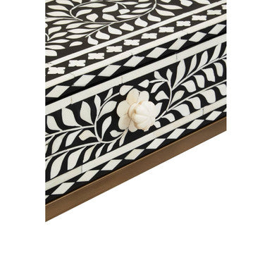 Black and White Floral Bone Inlay Console Table with 2 Storage Drawers and Gold Metal Base | Fusion