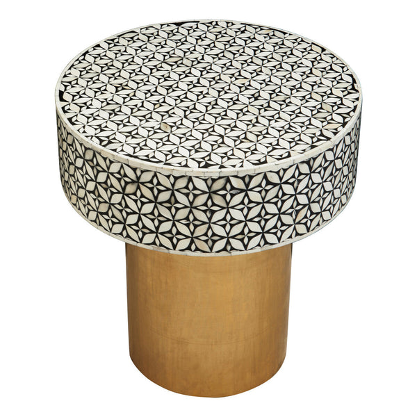 Black Round Side Table with White Bone Inlay Floral Design and Gold Metal Base | Fusion