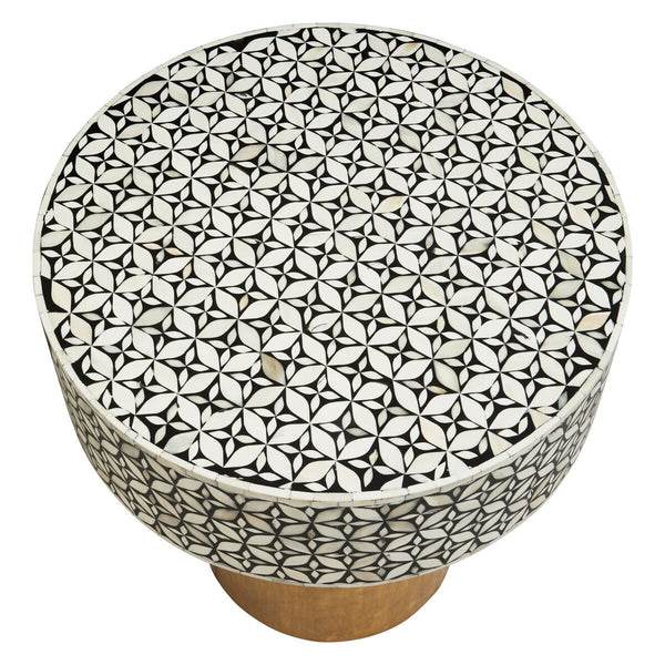 Black Round Side Table with White Bone Inlay Floral Design and Gold Metal Base | Fusion