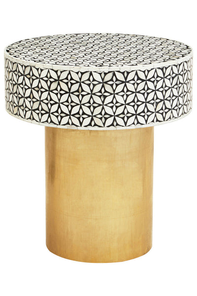 Black Round Side Table with White Bone Inlay Floral Design and Gold Metal Base | Fusion