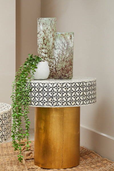 Black Round Side Table with White Bone Inlay Floral Design and Gold Metal Base | Fusion