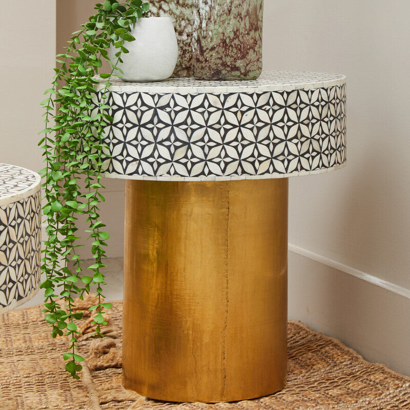 Black Round Side Table with White Bone Inlay Floral Design and Gold Metal Base | Fusion