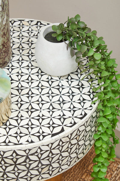 Black Round Side Table with White Bone Inlay Floral Design and Gold Metal Base | Fusion