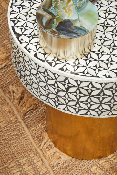 Black Round Side Table with White Bone Inlay Floral Design and Gold Metal Base | Fusion