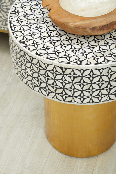 Black Round Side Table with White Bone Inlay Floral Design and Gold Metal Base | Fusion