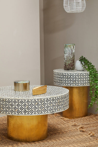 Black Round Side Table with White Bone Inlay Floral Design and Gold Metal Base | Fusion