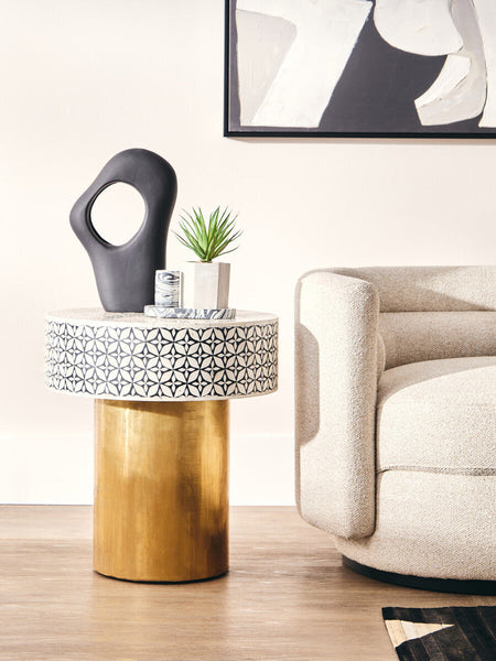 Black Round Side Table with White Bone Inlay Floral Design and Gold Metal Base | Fusion