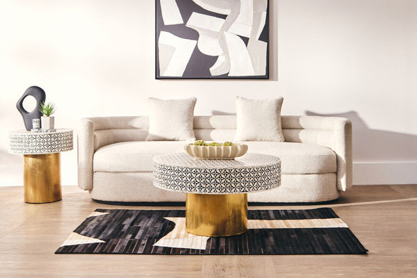 Black Round Side Table with White Bone Inlay Floral Design and Gold Metal Base | Fusion