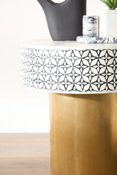 Black Round Side Table with White Bone Inlay Floral Design and Gold Metal Base | Fusion