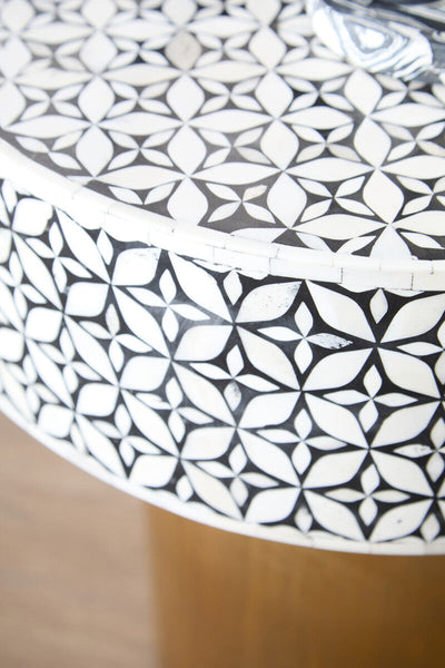 Black Round Side Table with White Bone Inlay Floral Design and Gold Metal Base | Fusion