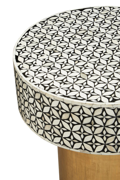 Black Round Side Table with White Bone Inlay Floral Design and Gold Metal Base | Fusion