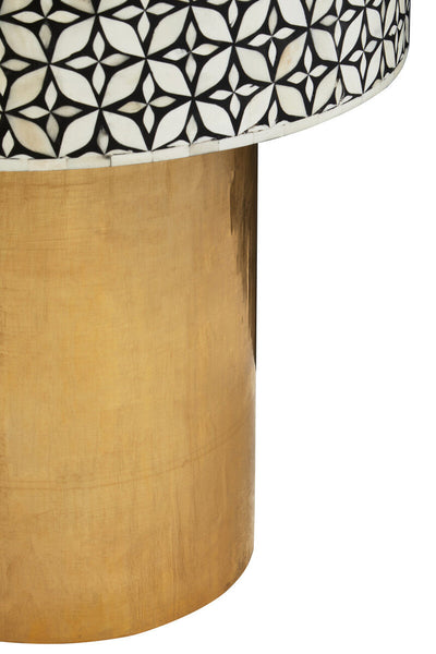 Black Round Side Table with White Bone Inlay Floral Design and Gold Metal Base | Fusion