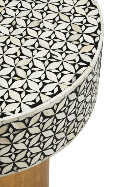 Black Round Side Table with White Bone Inlay Floral Design and Gold Metal Base | Fusion
