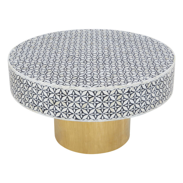 Black and White Round Geometric Bone Inlay Coffee Table with Gold Finish Base | Fusion