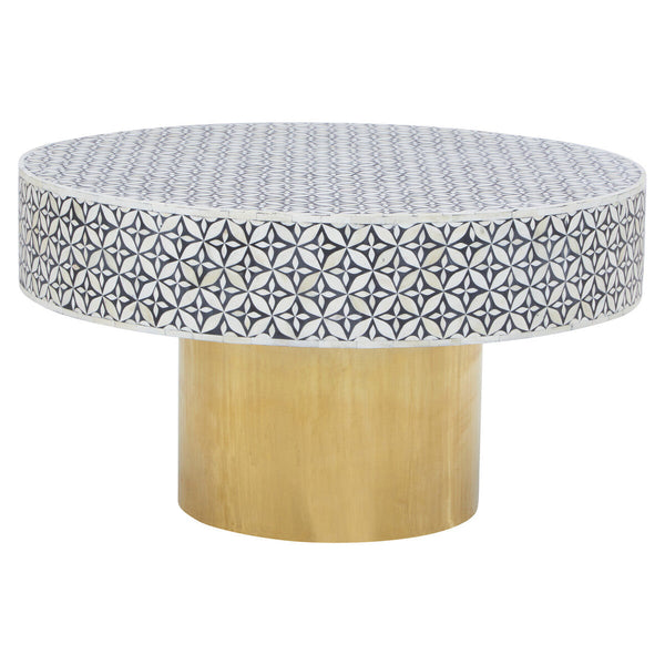 Black and White Round Geometric Bone Inlay Coffee Table with Gold Finish Base | Fusion