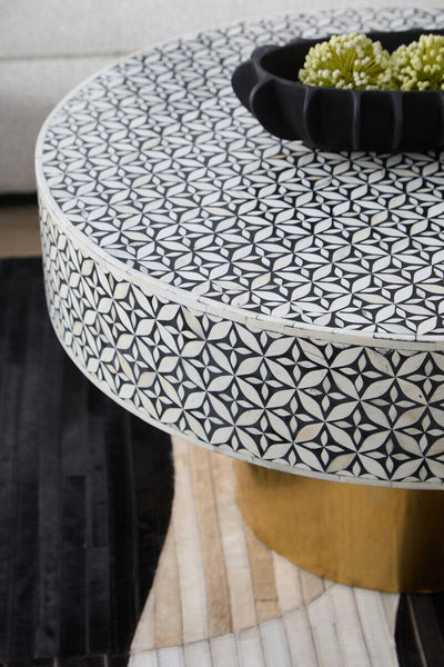 Black and White Round Geometric Bone Inlay Coffee Table with Gold Finish Base | Fusion