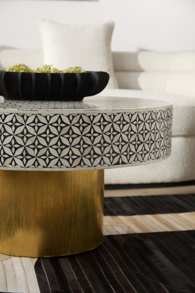 Black and White Round Geometric Bone Inlay Coffee Table with Gold Finish Base | Fusion