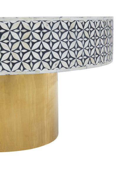 Black and White Round Geometric Bone Inlay Coffee Table with Gold Finish Base | Fusion