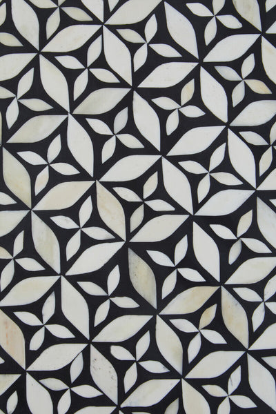 Black and White Round Geometric Bone Inlay Coffee Table with Gold Finish Base | Fusion