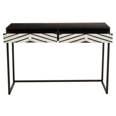 Black Wood 2-Drawer Console Table with Black and White Bone Inlay Chevron Fronts | Fusion