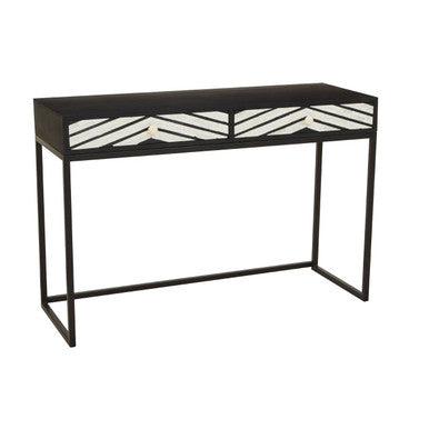 Black Wood 2-Drawer Console Table with Black and White Bone Inlay Chevron Fronts | Fusion