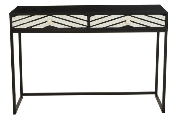 Black Wood 2-Drawer Console Table with Black and White Bone Inlay Chevron Fronts | Fusion