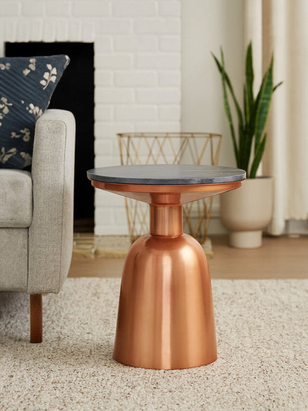 Amira Black Marble Side Table with Copper Finish Base