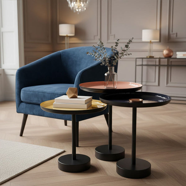 Amira Gold and Black Enamel Set of 3 Tray Side Tables