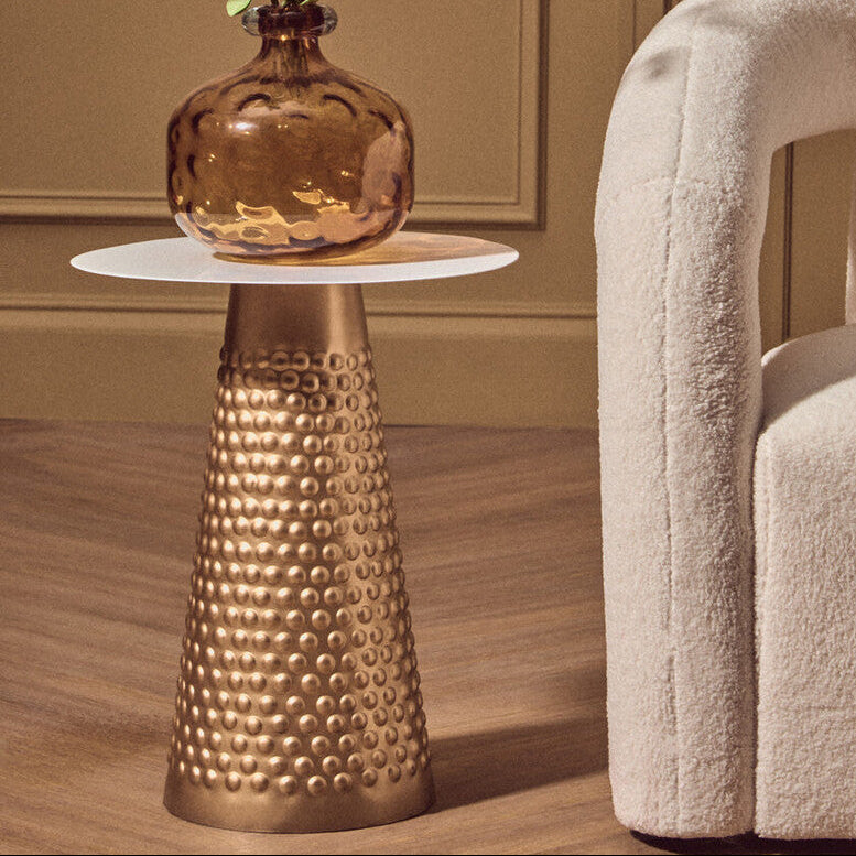 Amira White and Gold Metal Side Table with Hammered Base