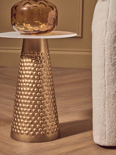 Amira White and Gold Metal Side Table with Hammered Base
