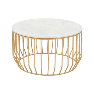 White Marble Top Coffee Table with Gold Finish Iron Cage Base | Pali