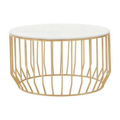 White Marble Top Coffee Table with Gold Finish Iron Cage Base | Pali