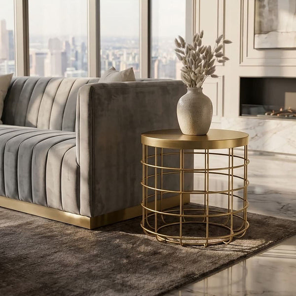 Gold Finish Iron Round Top Side Table with Caged Base | Pali