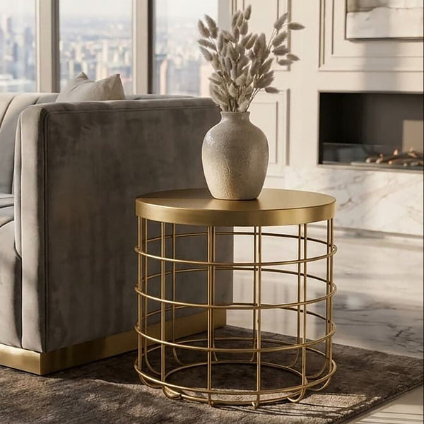 Gold Finish Iron Round Top Side Table with Caged Base | Pali